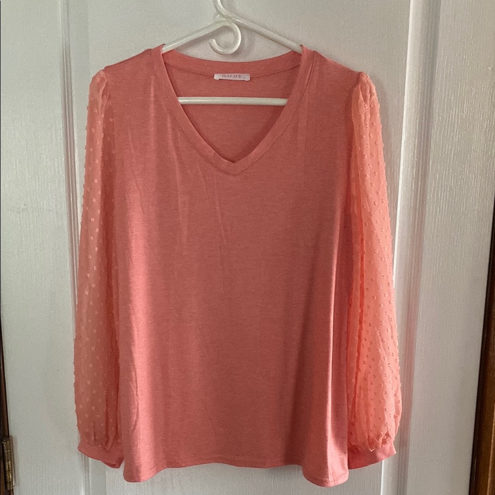 Halife Womens Long Sleeve Shirt V Neck Swiss Dot Puff Sleeve, Med, NWOT